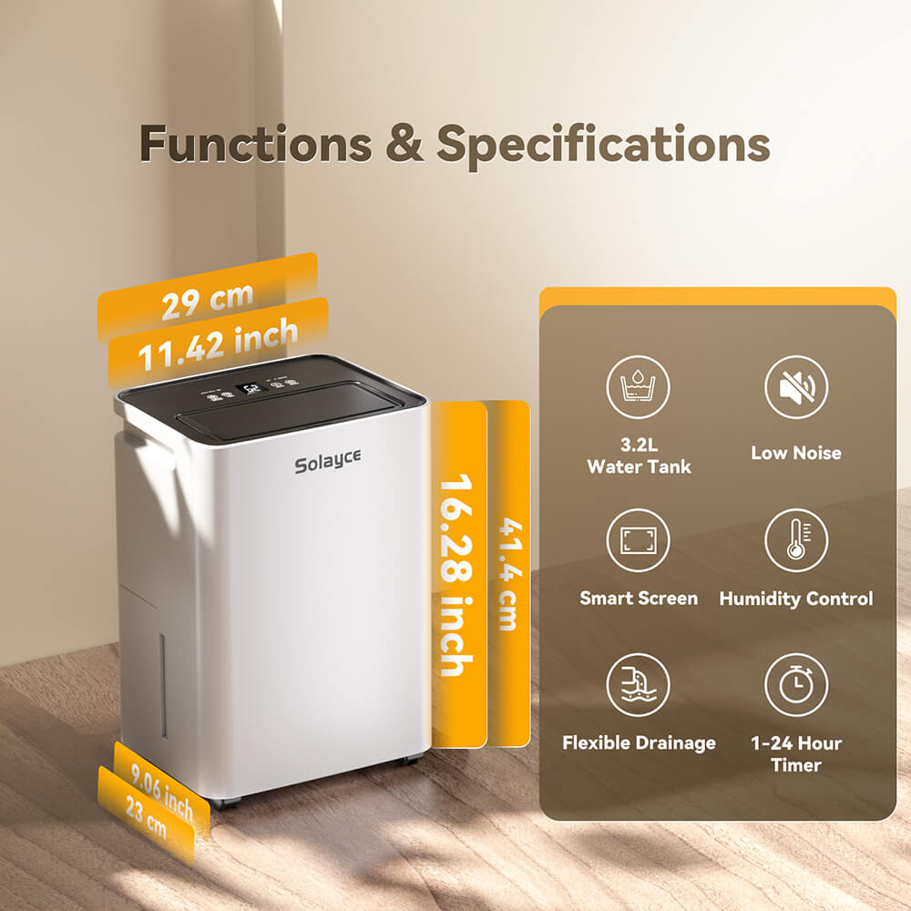 Solayce PD16R-02EE Dehumidifier 16L/24h, 3.2L Large Water Tank, Digital Humidity Display, Coverage Area 50㎡(538 sq. ft), 24H Timer, Ideal for Laundry Drying, Bedroom, Basement, Garage &amp; Kitchen