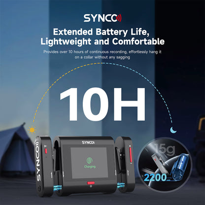 SYNCO G3 Pro Wireless Collar Microphone, 250m 2.4GHz Transmission, 2-inch Touch Screen, 3 Levels of Noise Cancellation, 10 Hours of Continuous Recording