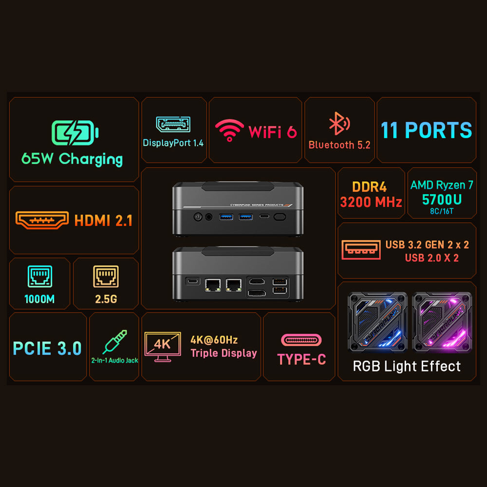AOOSTAR GOD57 Mini PC, AMD Ryzen 7 5700U 8 Cores Up to 4.3GHz, 32GB RAM 1TB SSD, WiFi 6 Bluetooth 5.2, HDMI/DP/Type-C 4K@60Hz Triple Display, 2*USB 3.2 2*USB 2.0, 1*1000M RJ45 1*2.5G RJ45, 1*3.5mm Headphone Jack, RGB Light, 65W Charging - EU Plug