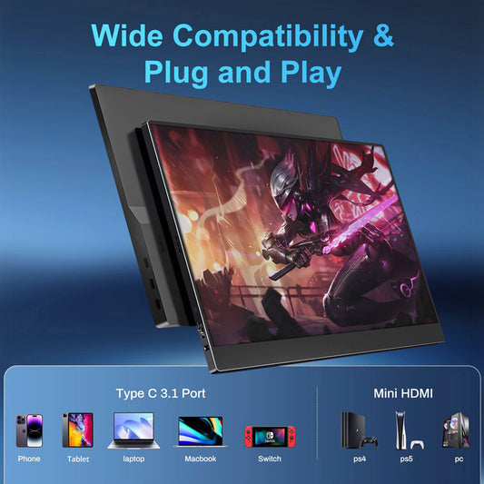 TALLPOWER JH01 15.6-inch Portable Monitor, 1920 x 1080 2K Full HD Display, 60Hz Refresh Rate, 100% sRGB, 178° Viewing Angle, 2*Type-C 3.1, 1*HDMI