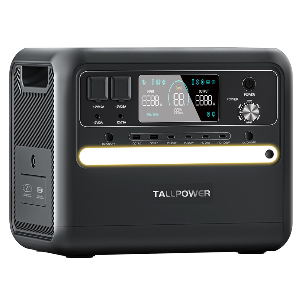 TALLPOWER V2400 Portable Power Station, 2160Wh LiFePo4 Solar Generator, 2400W AC Output, Adjustable Input Power, PD 100W USB-C, UPS Function, LED Light, 13 Outputs - Black