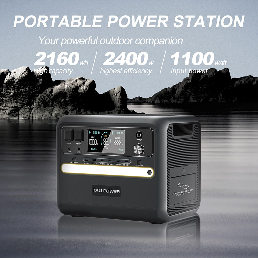 TALLPOWER V2400 Portable Power Station, 2160Wh LiFePo4 Solar Generator, 2400W AC Output, Adjustable Input Power, PD 100W USB-C, UPS Function, LED Light, 13 Outputs - Black