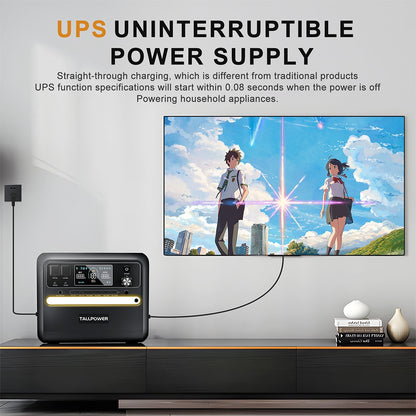 TALLPOWER V2400 Portable Power Station, 2160Wh LiFePo4 Solar Generator, 2400W AC Output, Adjustable Input Power, PD 100W USB-C, UPS Function, LED Light, 13 Outputs - Black