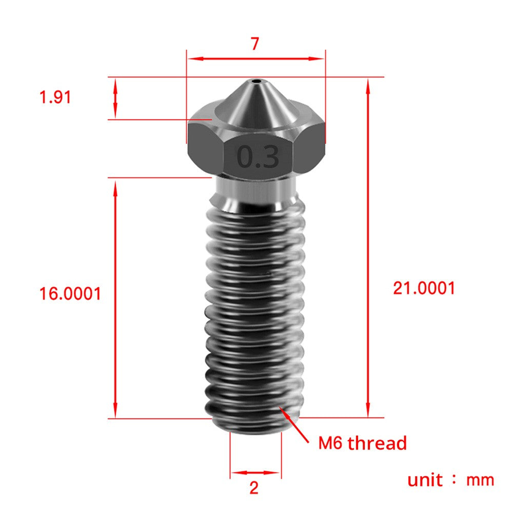 TWO TREES 0.3mm Hardened Steel Volcano Nozzle with M6 Thread