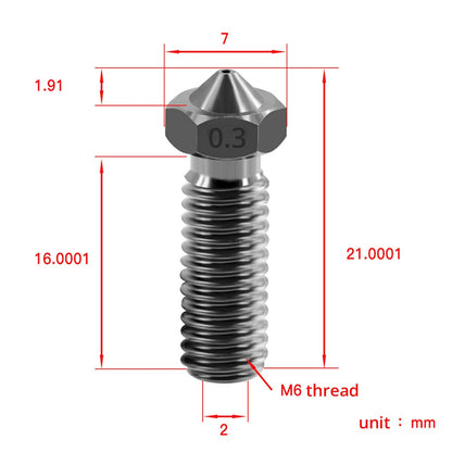 TWO TREES 0.3mm Hardened Steel Volcano Nozzle with M6 Thread