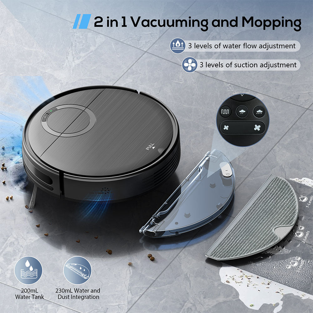 Teendow T7S Robot Vacuum Cleaner and Mop, 2000Pa Powerful Suction, 230ml Water Tank, Smart App &amp; Voice Control, 100min Runtime, Self-Charging, 4 Cleaning Modes, Obstacle Avoidance, Ideal for Pet Owners
