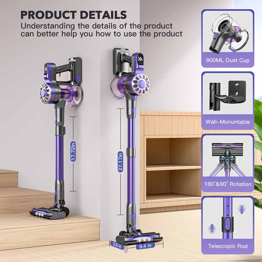 Teendow V07 Cordless Vacuum Cleaner, 12KPa Powerful Suction, 30min Runtime, 2200mAh Battery, 0.9L Dust Cup, 5-Stage Filtration, Wall-Mounted Design for Hard Floors &amp; Carpets