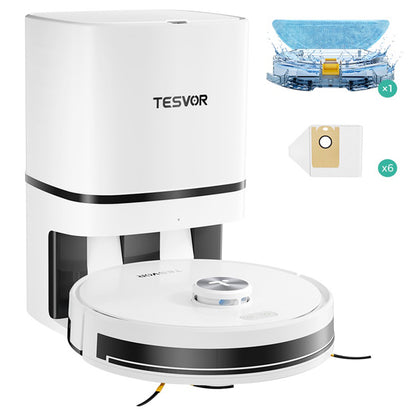 Tesvor S7 Pro AES Robot Vacuum Cleaner with Automatic Empty Station, Mopping Function, 6000Pa Suction, Laser Navigation, 600ml Dustbin, 2.8L Dust Bag, 180Mins Runtime, App Control / Remote Control - White