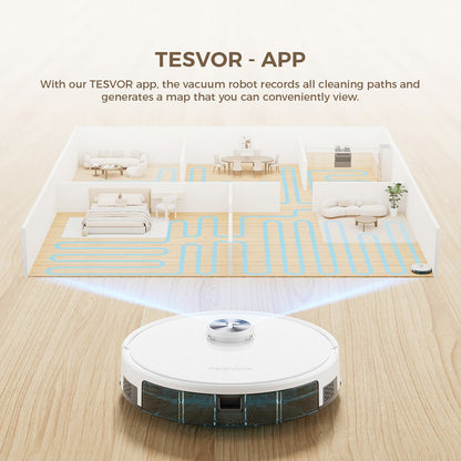 Tesvor S7 Pro AES Robot Vacuum Cleaner with Automatic Empty Station, Mopping Function, 6000Pa Suction, Laser Navigation, 600ml Dustbin, 2.8L Dust Bag, 180Mins Runtime, App Control / Remote Control - White