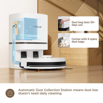 Tesvor S7 Pro AES Robot Vacuum Cleaner with Automatic Empty Station, Mopping Function, 6000Pa Suction, Laser Navigation, 600ml Dustbin, 2.8L Dust Bag, 180Mins Runtime, App Control / Remote Control - White
