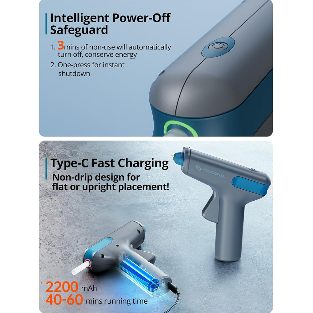 Tilswall W104 4V Cordless Hot Glue Gun, 15s Fast Preheating, 2200mAh USB-C Rechargeable, Smart Power-off