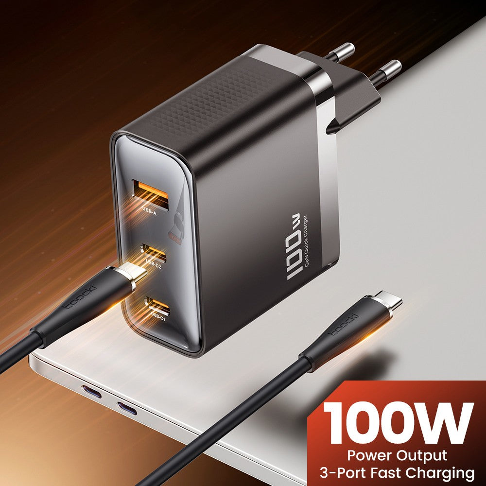 Toocki TCT100-XRB 100W GaN USB Charger, USB-C and USB-A Triple Port PD 3.0, for iPhone, Huawei, Samsung, Tablet, Mobile Phones