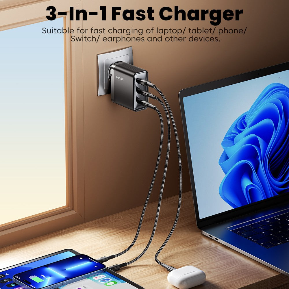 Toocki TCT100-XRB 100W GaN USB Charger, USB-C and USB-A Triple Port PD 3.0, for iPhone, Huawei, Samsung, Tablet, Mobile Phones