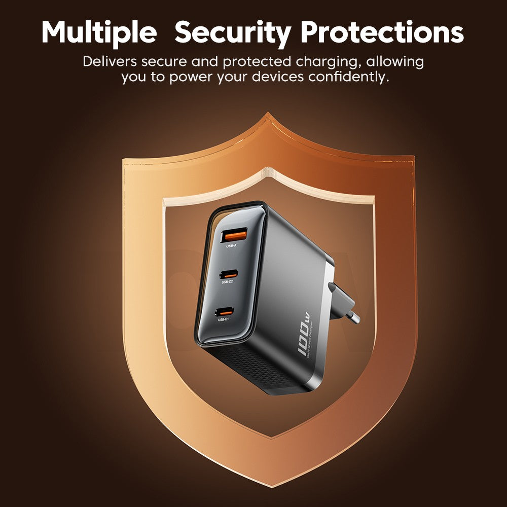 Toocki TCT100-XRB 100W GaN USB Charger, USB-C and USB-A Triple Port PD 3.0, for iPhone, Huawei, Samsung, Tablet, Mobile Phones