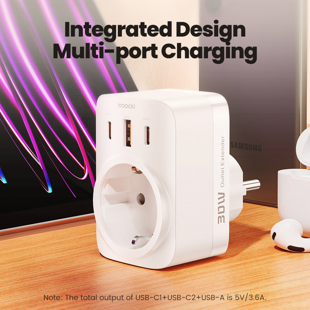 Toocki TCT30-X0Z8 PD30W Outlet Extender, Triple Port Fast Charging, 3680W AC Outlet, GaN Technology, Black