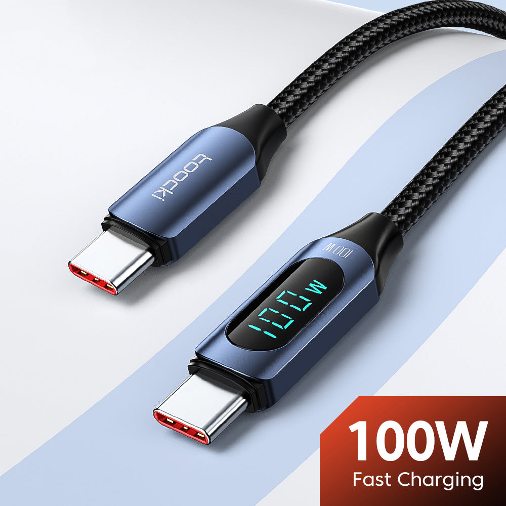 Toocki TXCTT1-XY01 PD 100W Fast Charging Cable, 5A, Smart Digital Display, E-Marker Chip, 480Mbps Data Transfer, Braided Nylon, Blue - 1m