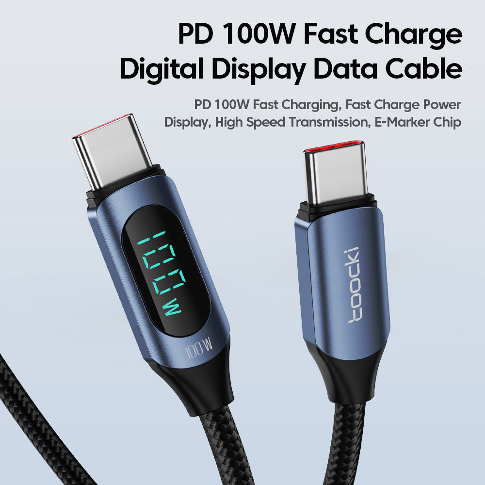 Toocki TXCTT1-XY01 PD 100W Fast Charging Cable, 5A, Smart Digital Display, E-Marker Chip, 480Mbps Data Transfer, Braided Nylon, Blue - 1m