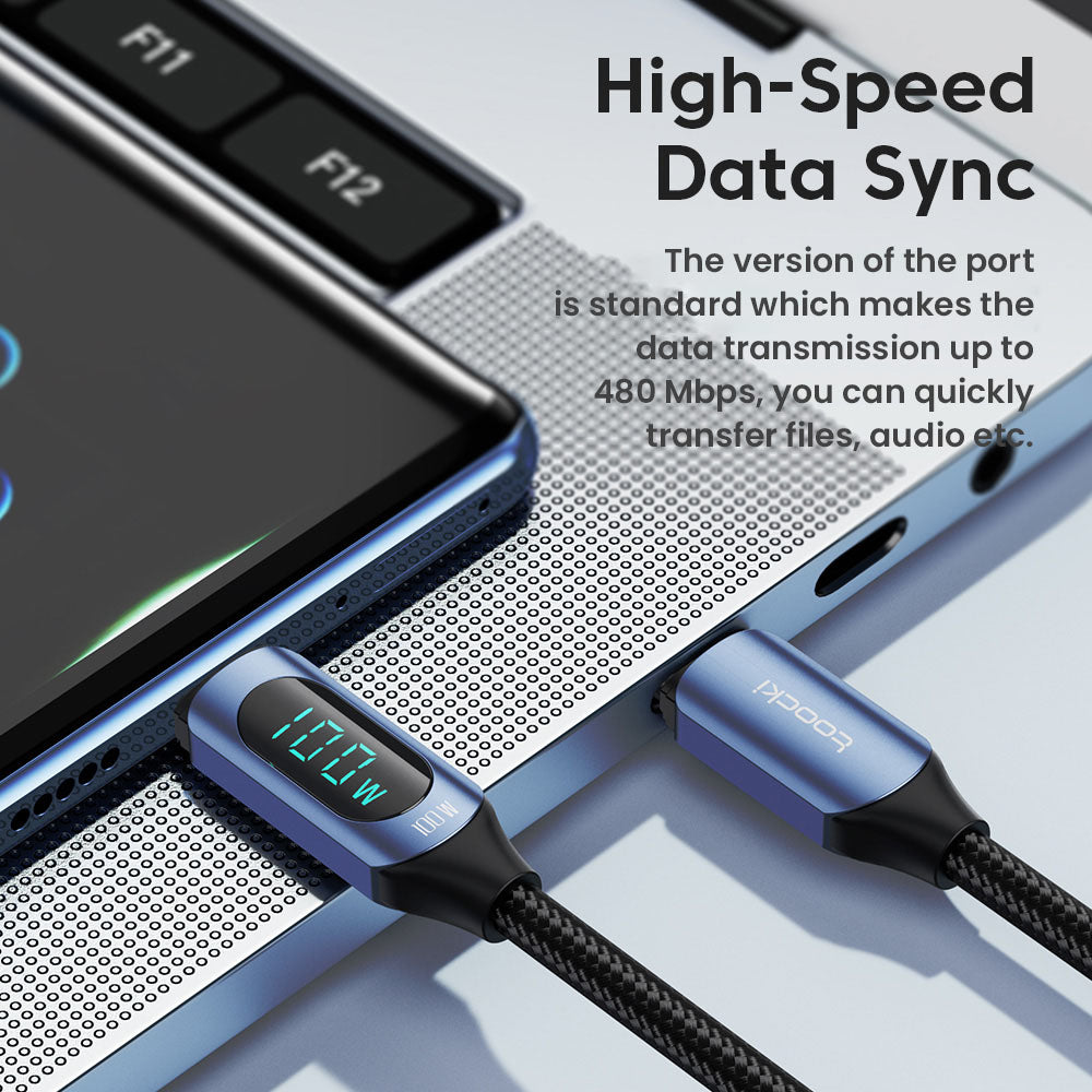 Toocki TXCTT1-XY01 PD 100W Fast Charging Cable, 5A, Smart Digital Display, E-Marker Chip, 480Mbps Data Transfer, Braided Nylon, Blue - 1m