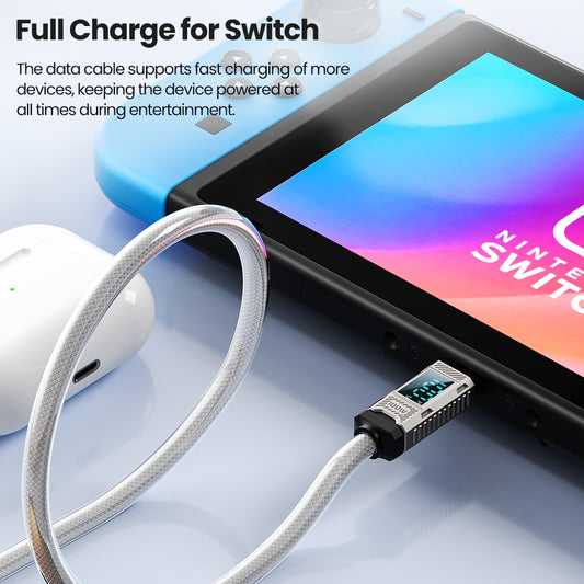 Toocki  TXCTT1-ZFZA01 100W Fast Charging Cable, LED Display, Braided Zinc Alloy, 480Mbps Data Transfer, White - 1m