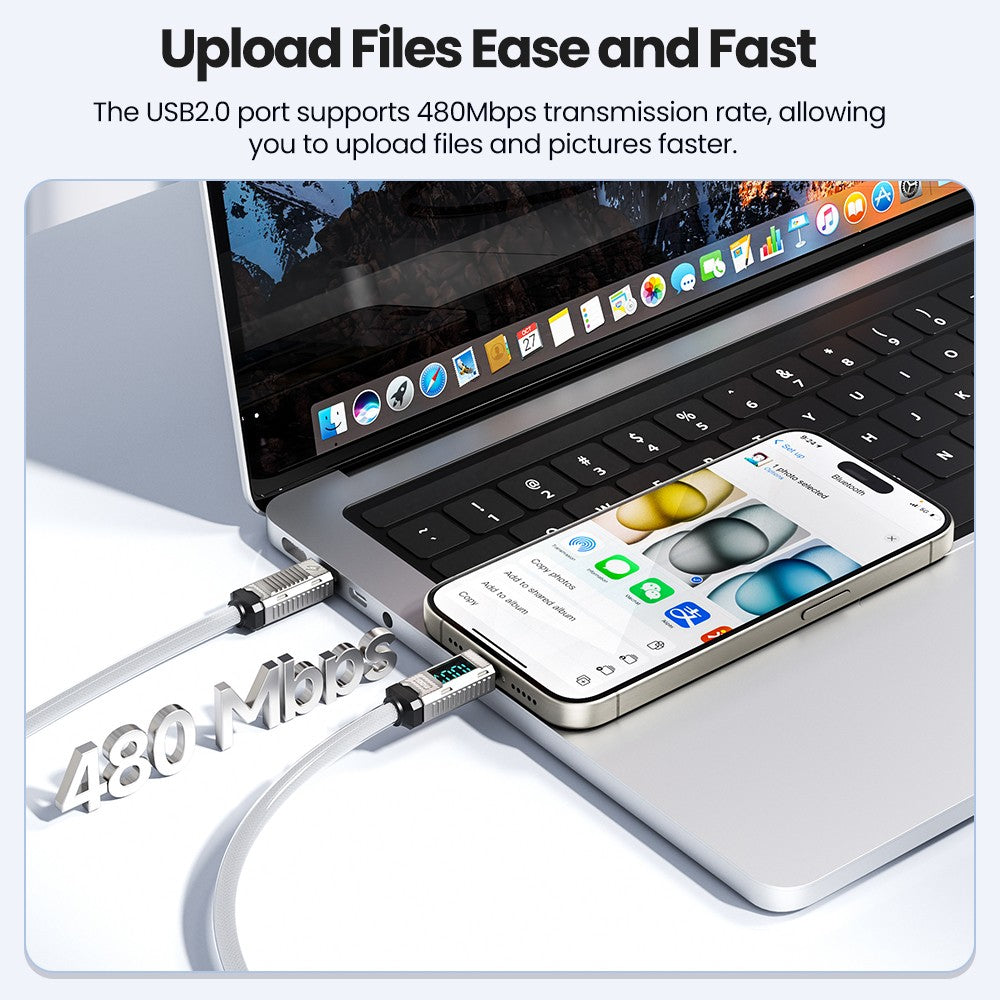 Toocki  TXCTT1-ZFZA01 100W Fast Charging Cable, LED Display, Braided Zinc Alloy, 480Mbps Data Transfer, White - 1m