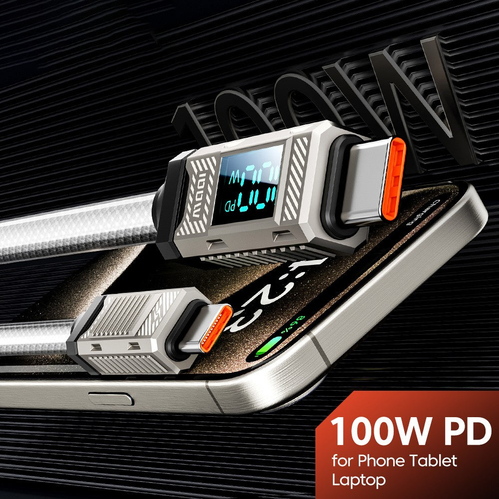 Toocki  TXCTT1-ZFZA01 100W Fast Charging Cable, LED Display, Braided Zinc Alloy, 480Mbps Data Transfer, White - 1m