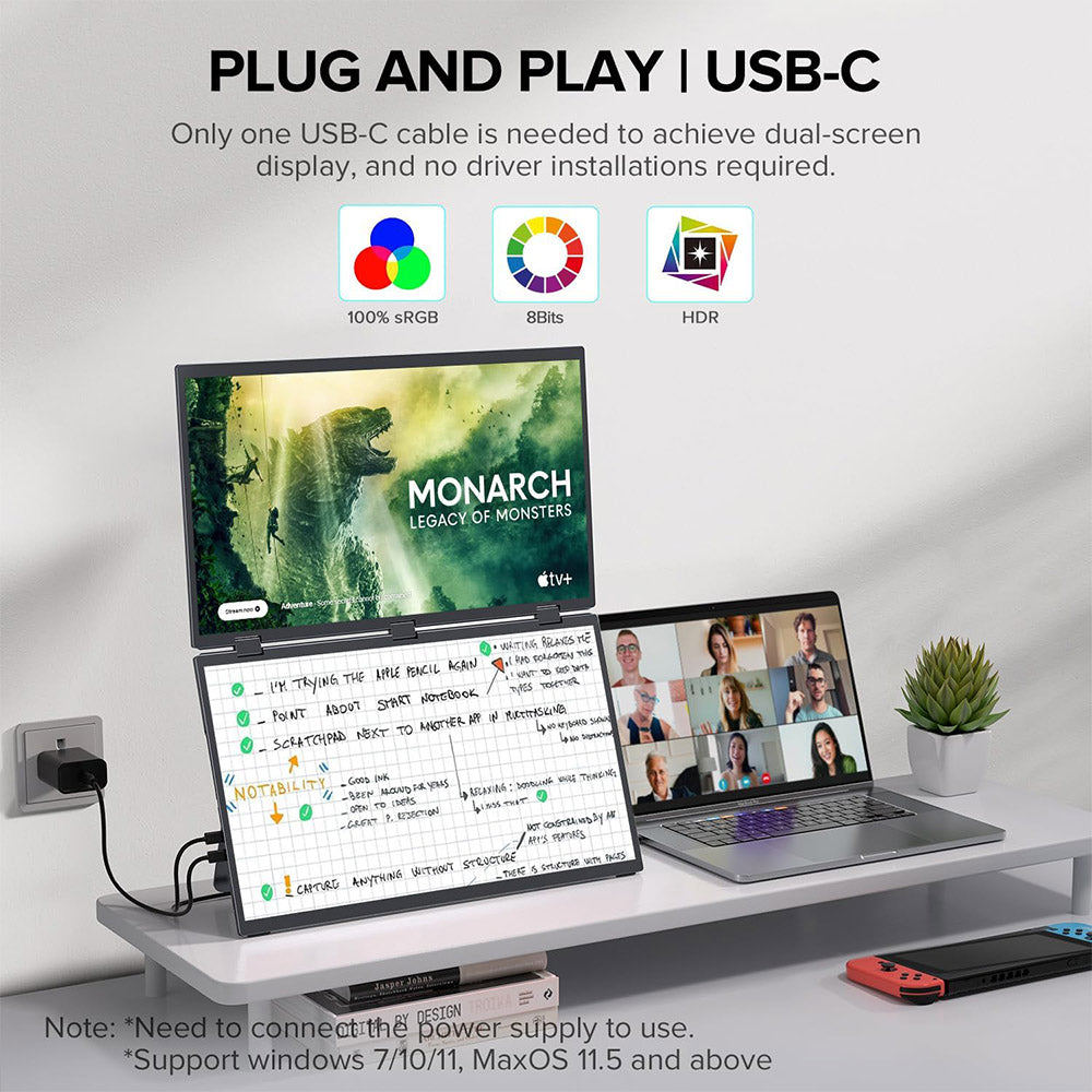UPERFECT Delta 15.6-inch Dual Screen Portable Folding Monitor, 1920*1080 FHD IPS Screen, 60Hz Refresh Rate, 1000:1 Contrast Ratio, 360° Folding, Built-in Speaker, Built-in Stand &amp; VESA Mountable,  2*Full-Featured Type-C, 2* mini HDMI - EU Plug