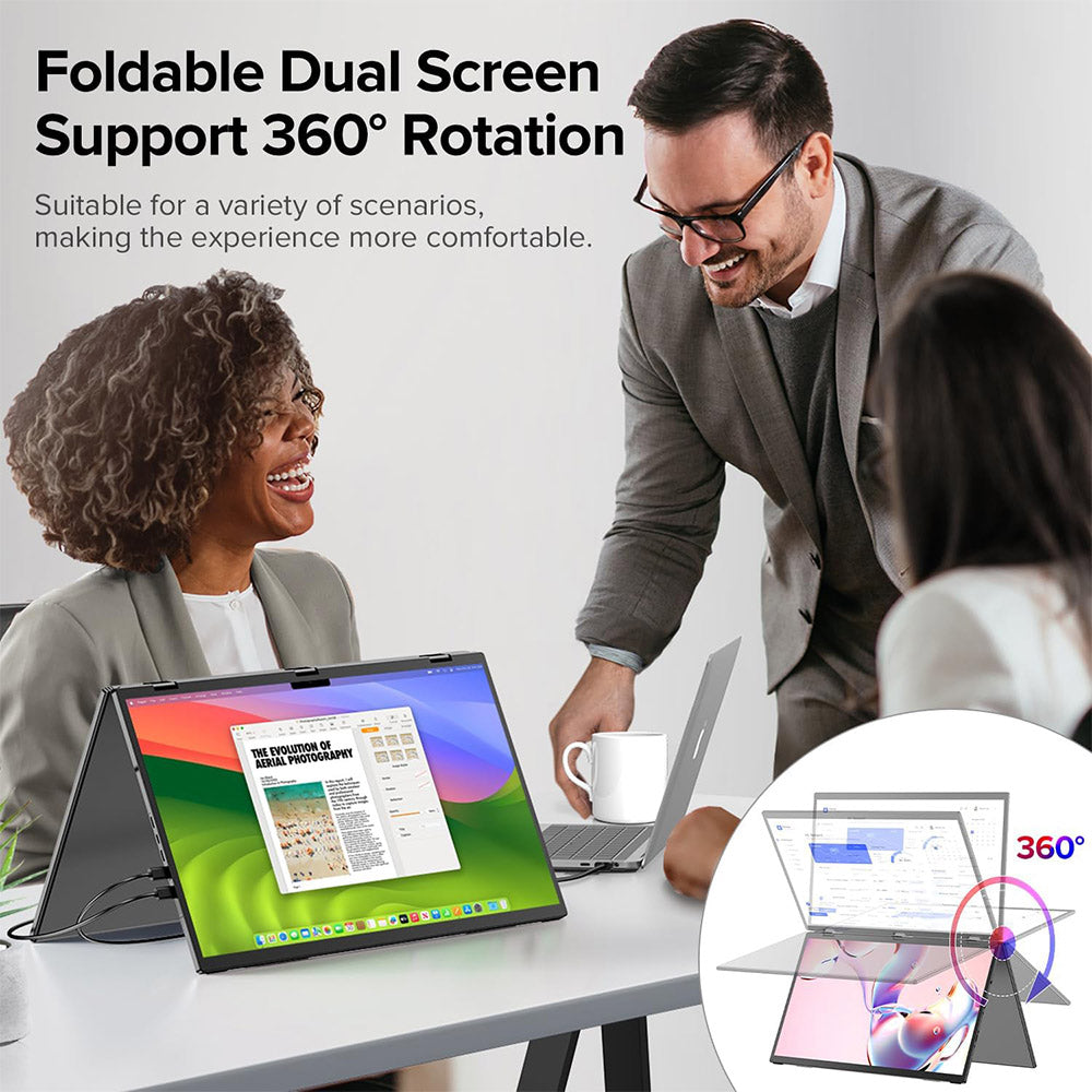 UPERFECT Delta 15.6-inch Dual Screen Portable Folding Monitor, 1920*1080 FHD IPS Screen, 60Hz Refresh Rate, 1000:1 Contrast Ratio, 360° Folding, Built-in Speaker, Built-in Stand &amp; VESA Mountable,  2*Full-Featured Type-C, 2* mini HDMI - EU Plug