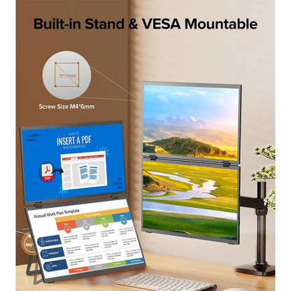 UPERFECT Delta 15.6-inch Dual Screen Portable Folding Monitor, 1920*1080 FHD IPS Screen, 60Hz Refresh Rate, 1000:1 Contrast Ratio, 360° Folding, Built-in Speaker, Built-in Stand &amp; VESA Mountable,  2*Full-Featured Type-C, 2* mini HDMI - EU Plug
