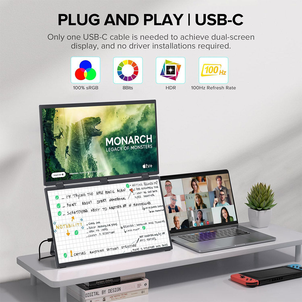 UPERFECT Delta Max 18.5-inch Dual Screen Portable Monitor, 1920*1080 IPS Screen, 100Hz Refresh Rate, 100% sRGB, Built-in Speaker, Driver Free, 360° Folding, Adjustable Stand &amp; VESA Mountable, Screen Extender for Laptop PC Phone Game Console - EU Plug