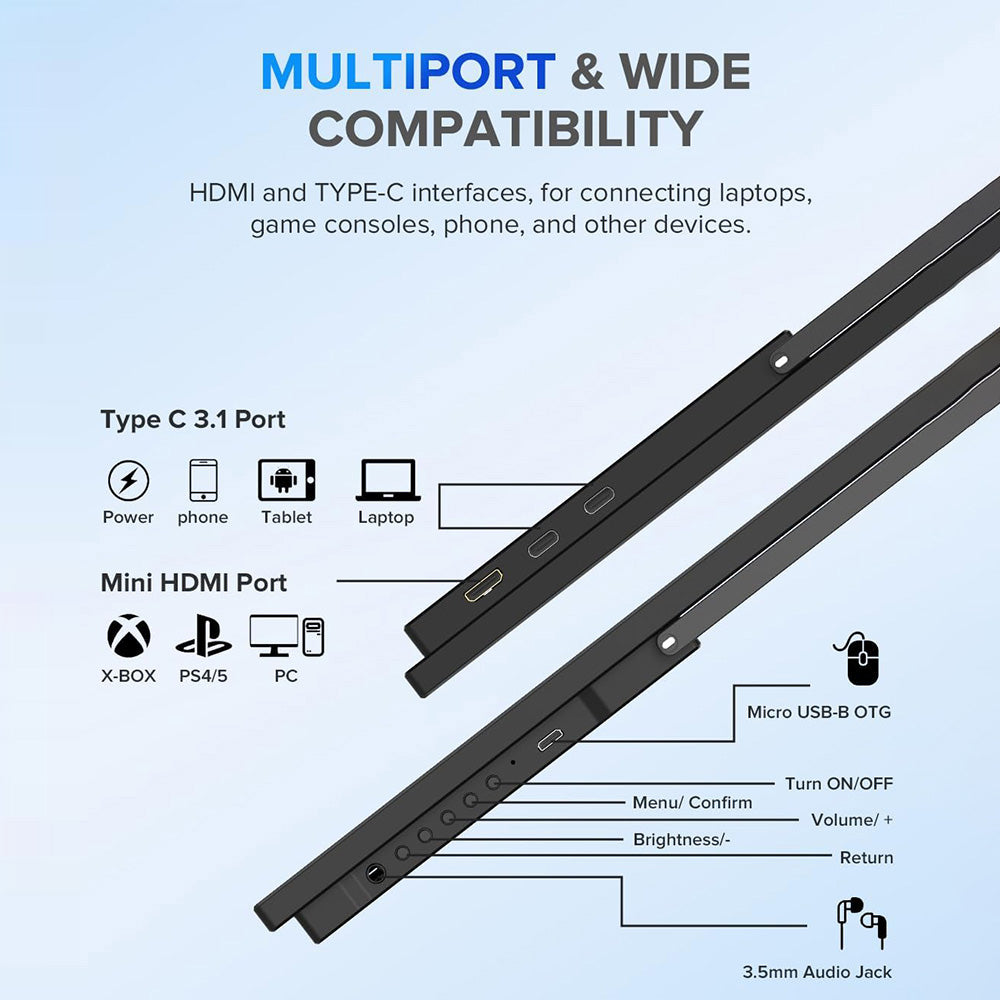 UPERFECT UMax22 22-inch Portable Monitor, 60Hz Refresh Rate, 2560*1440 IPS Screen, 100% sRGB, FreeSync, Built-in Speakers, Driver Free, HDR, Low Blue Light, 180° Adjustable Stand, 2*USB-C, 1*Mini HDMI, 1*Micro USB-B OTG, 1*Audio Jack - EU Plug