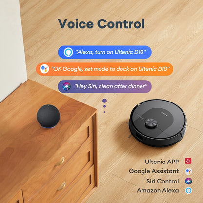 Ultenic D10 Robot Vacuum Cleaner, 15min LiDAR Quick Map, 4000Pa Suction, 120min Runtime, Carpet Auto-Boost, No-Go Zone, Time Scheduled, Siri/Alexa/APP Remote Control, for Hardwood, Tiles, Carpet, etc.