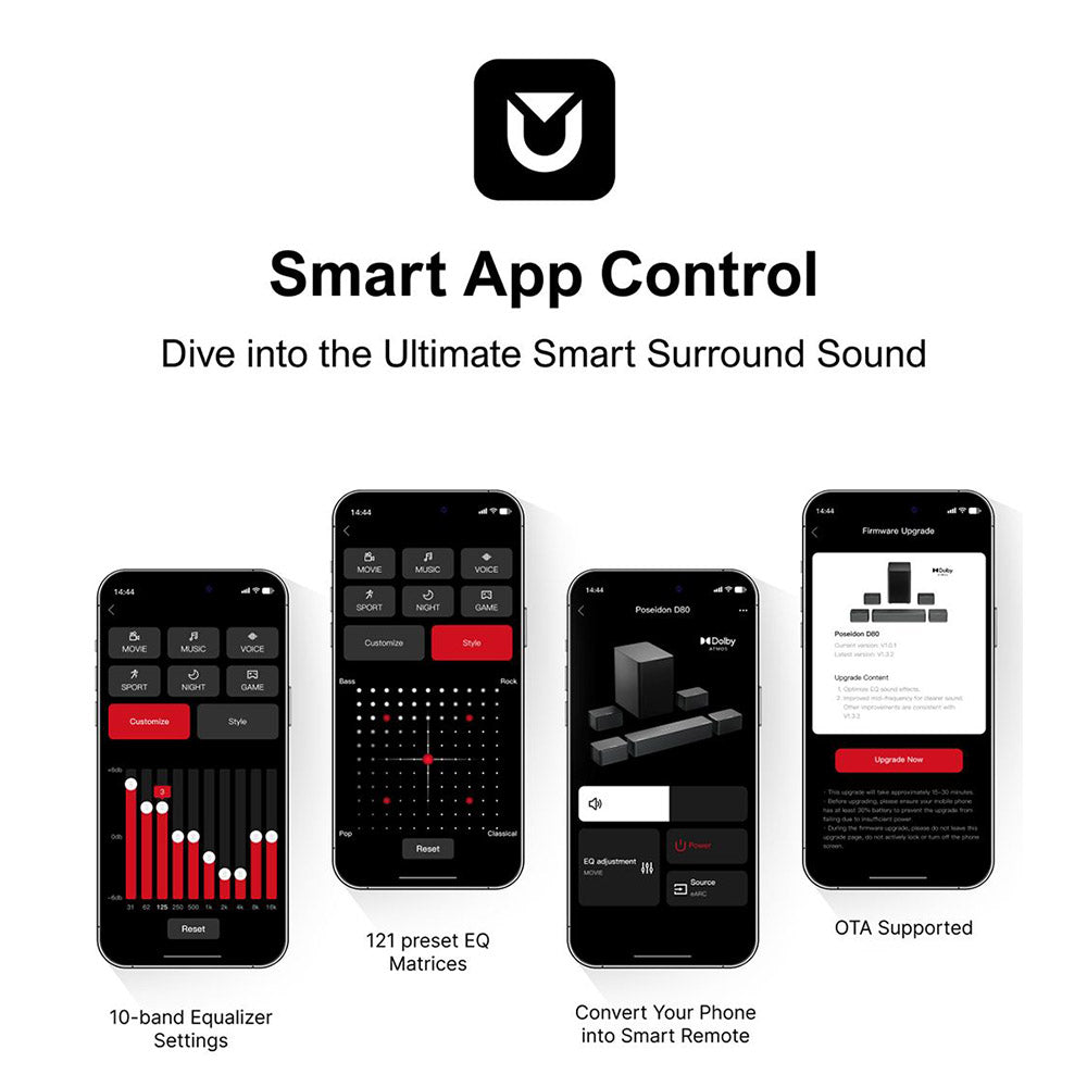 Ultimea Poseidon D80 7.1 Channel Soundbar Subwoofer Speaker Kit, Dolby Atmos, 460W Peak Power, APP Control, 10 Bands Equalizer Settings, 121 Preset EQ Matrices, Bluetooth 5.3