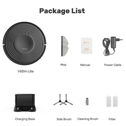 Verefa V60m Lite Robot Vacuum Cleaner, 2700Pa Max Suction, 2 in 1 Vacuuming Mopping, 250ml Dust Box, Max 150 Mins Runtime, App/Voice Control - Black