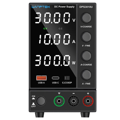 WANPTEK DPS3010U Solid-state Adjustable Regulated DC Power Supply, 30V 10A, Encoder Adjustment, USB Type-C Fast Charge, 4-Digit Display, Low Ripple, Low Noise, Cooling Fan Black - UK Plug