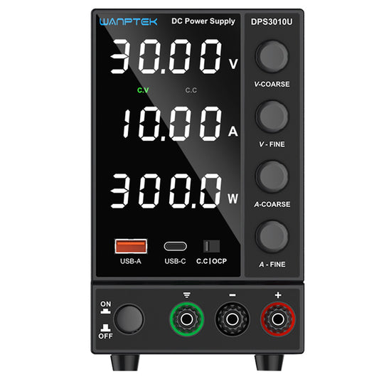WANPTEK DPS3010U Solid-state Adjustable Regulated DC Power Supply, 30V 10A, Encoder Adjustment, USB Type-C Fast Charge, 4-Digit Display, Low Ripple, Low Noise, Cooling Fan Black - UK Plug