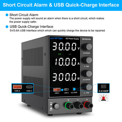 WANPTEK DPS3010U Solid-state Adjustable Regulated DC Power Supply, 30V 10A, Encoder Adjustment, USB Type-C Fast Charge, 4-Digit Display, Low Ripple, Low Noise, Cooling Fan Black - UK Plug