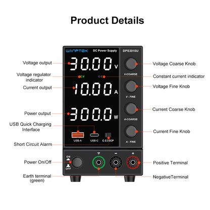 WANPTEK DPS3010U Solid-state Adjustable Regulated DC Power Supply, 30V 10A, Encoder Adjustment, USB Type-C Fast Charge, 4-Digit Display, Low Ripple, Low Noise, Cooling Fan Black - UK Plug