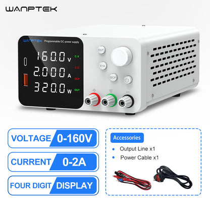 WANPTEK TPS1602 Adjustable Regulated DC Power Supply, 160V 2A, Encoder Adjustment, USB Type-C Fast Charging, 4-Digit Display, Low Noise, A/V Switching, Cooling Fan White - UK Plug