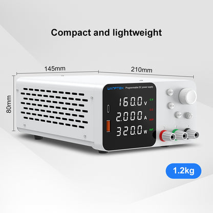 WANPTEK TPS1602 Adjustable Regulated DC Power Supply, 160V 2A, Encoder Adjustment, USB Type-C Fast Charging, 4-Digit Display, Low Noise, A/V Switching, Cooling Fan White - UK Plug