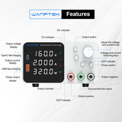 WANPTEK TPS1602 Adjustable Regulated DC Power Supply, 160V 2A, Encoder Adjustment, USB Type-C Fast Charging, 4-Digit Display, Low Noise, A/V Switching, Cooling Fan White - UK Plug
