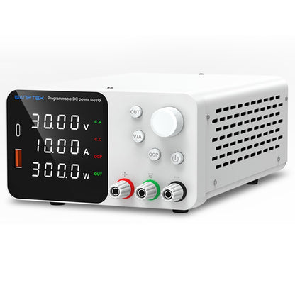 WANPTEK TPS3010 Adjustable Regulated DC Power Supply, 30V 10A, Encoder Adjustment, USB Type-C Fast Charge, 4-Digit Display, Low Noise, A/V Switching, Cooling Fan White - UK Plug