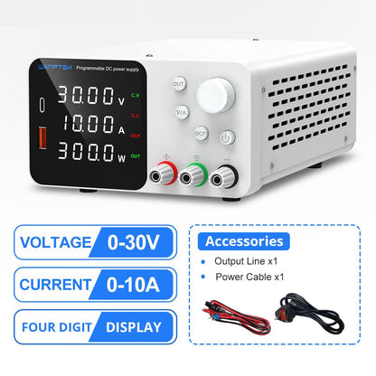 WANPTEK TPS3010 Adjustable Regulated DC Power Supply, 30V 10A, Encoder Adjustment, USB Type-C Fast Charge, 4-Digit Display, Low Noise, A/V Switching, Cooling Fan White - UK Plug