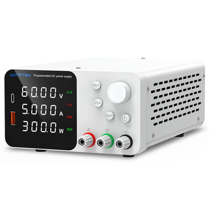 WANPTEK TPS605 Adjustable Regulated DC Power Supply, 60V 5A, Encoder Adjustment, USB Type-C Fast Charging, 4-Digit Display, Low Noise, A/V Switching, Cooling Fan White - EU Plug