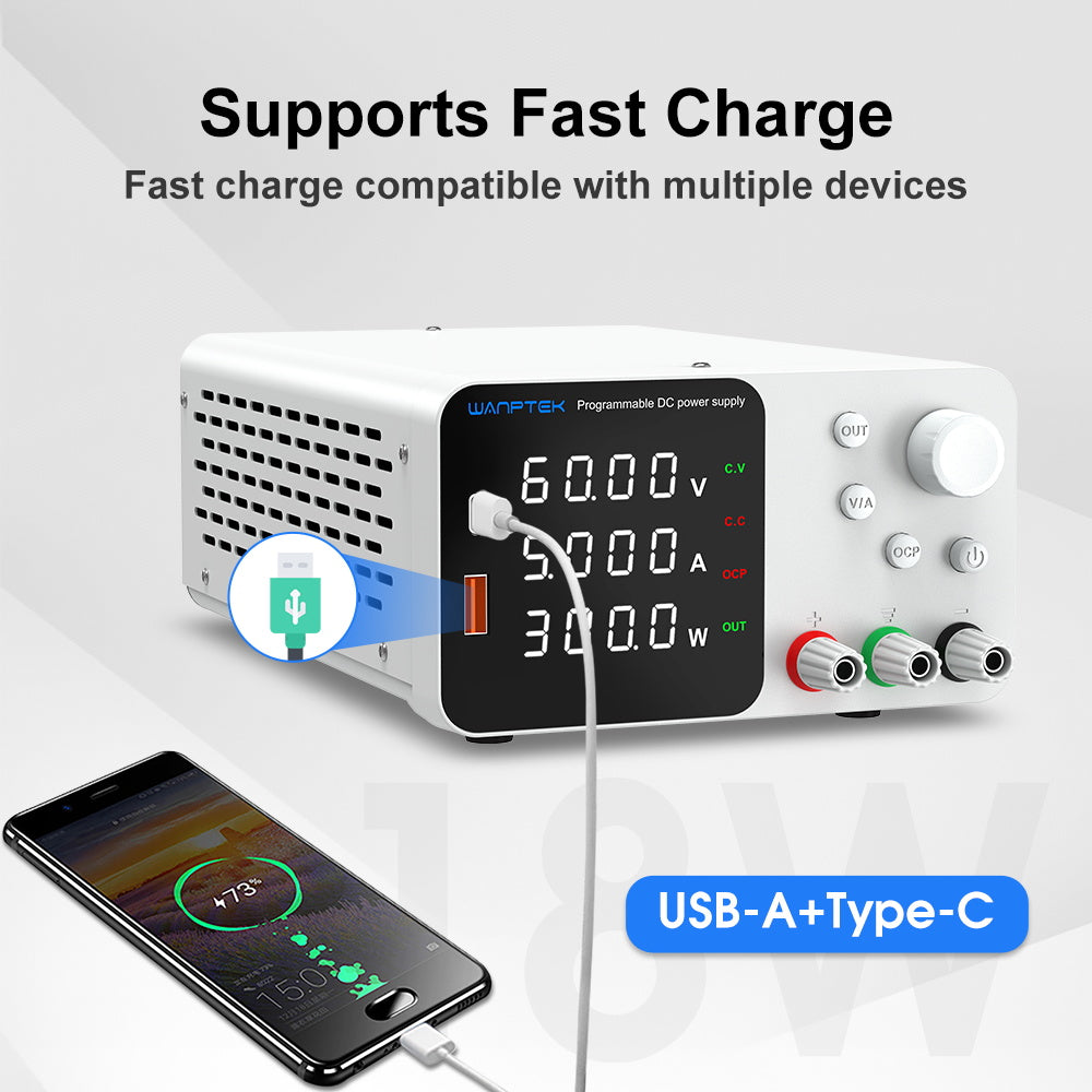 WANPTEK TPS605 Adjustable Regulated DC Power Supply, 60V 5A, Encoder Adjustment, USB Type-C Fast Charging, 4-Digit Display, Low Noise, A/V Switching, Cooling Fan White - EU Plug