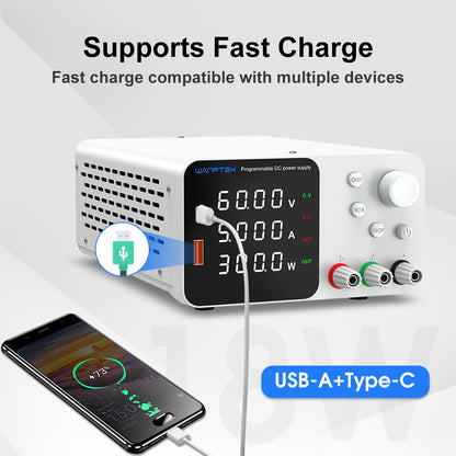 WANPTEK TPS605 Adjustable Regulated DC Power Supply, 60V 5A, Encoder Adjustment, USB Type-C Fast Charging, 4-Digit Display, Low Noise, A/V Switching, Cooling Fan White - EU Plug