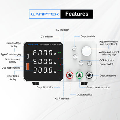 WANPTEK TPS605 Adjustable Regulated DC Power Supply, 60V 5A, Encoder Adjustment, USB Type-C Fast Charging, 4-Digit Display, Low Noise, A/V Switching, Cooling Fan White - EU Plug