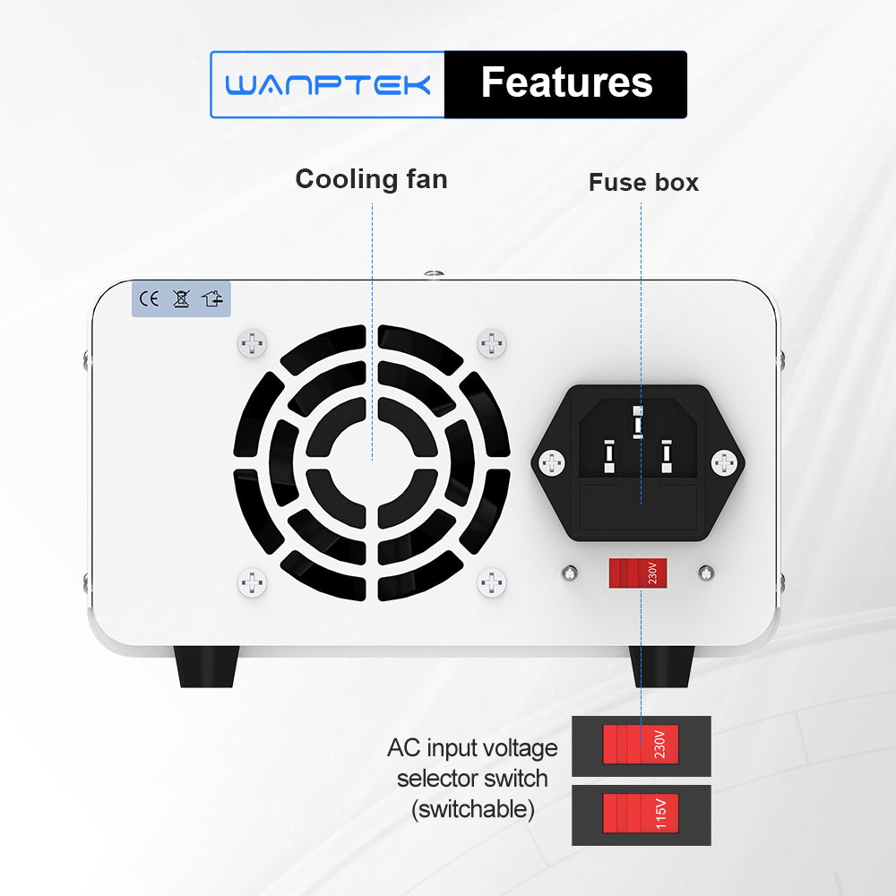WANPTEK TPS605 Adjustable Regulated DC Power Supply, 60V 5A, Encoder Adjustment, USB Type-C Fast Charging, 4-Digit Display, Low Noise, A/V Switching, Cooling Fan White - EU Plug