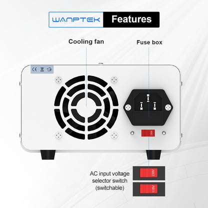 WANPTEK TPS605 Adjustable Regulated DC Power Supply, 60V 5A, Encoder Adjustment, USB Type-C Fast Charging, 4-Digit Display, Low Noise, A/V Switching, Cooling Fan White - EU Plug