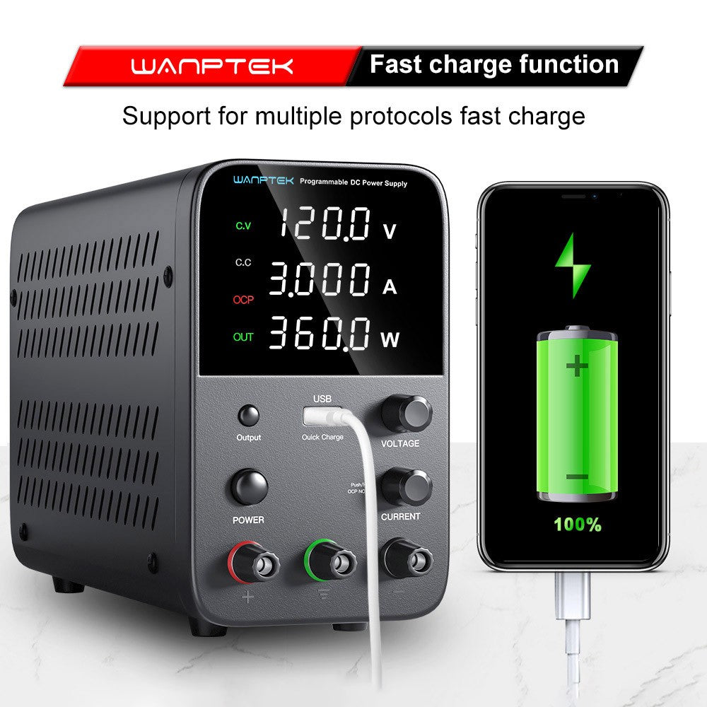 WANPTEK WPS1203 Programmable Regulated DC Power Supply, 120V 3A, Encoder Adjustment, USB Fast Charge, Intelligent Temperature Control, 4-Digit Display, Low Ripple, Low Noise Black - EU Plug