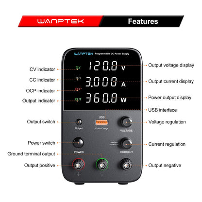 WANPTEK WPS1203 Programmable Regulated DC Power Supply, 120V 3A, Encoder Adjustment, USB Fast Charge, Intelligent Temperature Control, 4-Digit Display, Low Ripple, Low Noise Black - EU Plug